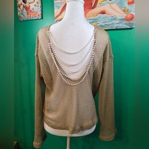 Elegant Tan Mesh Sweater with Pearl Detailing